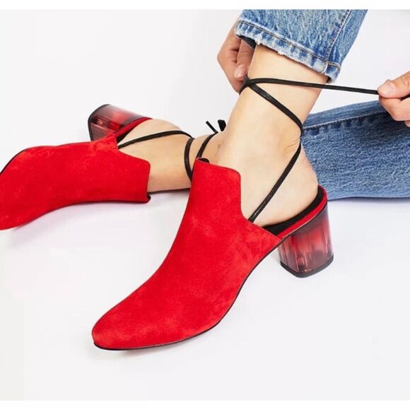 NIB Free People Lucite Block Heel Wrap Suede Heel Mules Blue Women's Size 7.5 - Picture 2 of 13